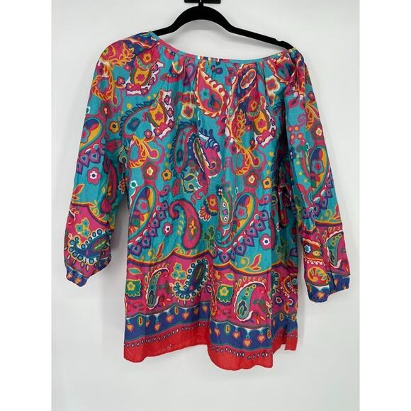 Talbots Fiesta Paisley Tassel Cotton Popover Top Blouse Size 1X Colorful Artsy - Picture 6 of 9